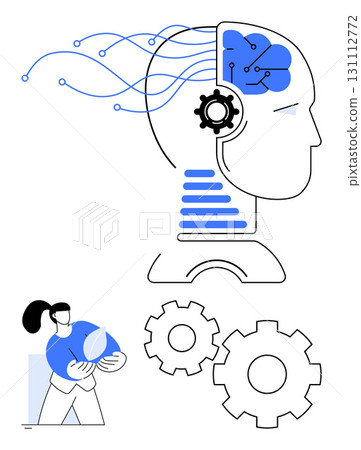 AI-powered human head with circuits and gear in the brain. Person holding a large leaf next to big gear wheels. Ideal for AI development, technology, sustainability, innovation, mind, automation 131112772