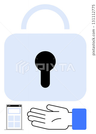 Large blue lock with black keyhole suggests security, an open blue and white hand below, and a small smartphone icon on left. Ideal for security, protection, safety, reliability, technology, privacy 131112775