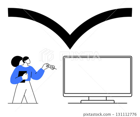 Woman in blue sweater holding clipboard, pointing at checkmark above blank computer monitor. Ideal for presentations, approvals, reviews, certifications, achievements, task completion, education 131112776