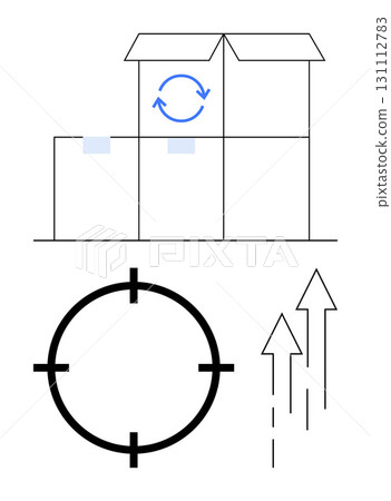 Warehouse boxes stacked with a recycling symbol, focus target icon, and two upward arrows. Ideal for logistics, recycling, shipment, supply chain, warehousing, target management and business growth Warehouse boxes stacked with a recycling symbol, focus target icon, and two upward arrows. Ideal for logistics, recycling, shipment, supply chain, warehousing, target management and business growth 131112783