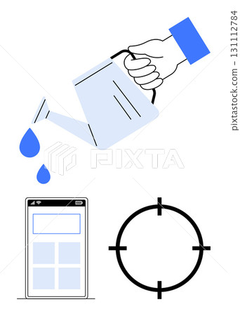Hand watering with a can, mobile phone screen interface, and target scope. Ideal for business growth, technology, mobile apps, goal setting, marketing strategies precision and planning. Line Hand watering with a can, mobile phone screen interface, and target scope. Ideal for business growth, technology, mobile apps, goal setting, marketing strategies precision and planning. Line 131112784