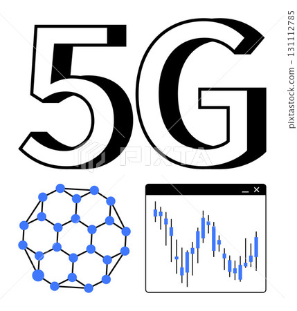 Large 5G text accompanied by a blue molecular structure and a financial chart with stock market trends. Ideal for technology, 5G networks, connectivity, future tech, finance, innovation Large 5G text accompanied by a blue molecular structure and a financial chart with stock market trends. Ideal for technology, 5G networks, connectivity, future tech, finance, innovation 131112785