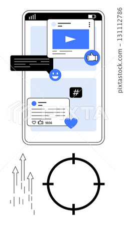 Mobile interface with social media interactions including video play button, thumbs ups, comments, heart, thumbs up, happy, metadata tag, and targeting elements. Ideal for social media marketing 131112786
