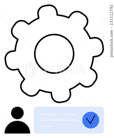 Gear cogs, person icon, and blue checkmark icon representing settings, user profile, and verification. Ideal for user settings, authentication, system preferences, security account management 131112792