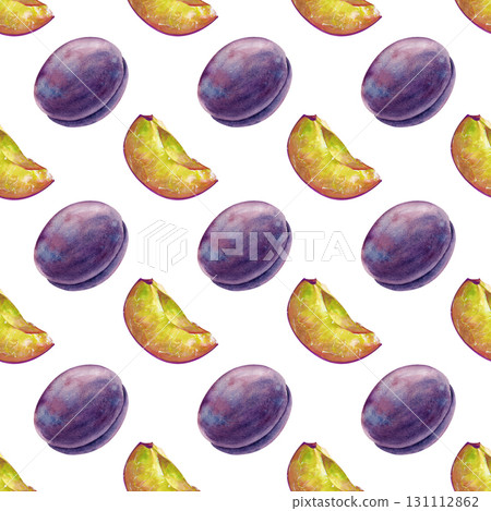 Watercolor seamless pattern with ripe plums on a white background. Botanical illustration of whole and pieces of seasonal fruits for use in cooking or gardening. For textiles, tableware or wrapping 131112862