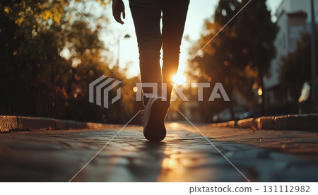 Foot man walking casual shoes in the morning 131112982