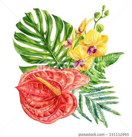 Red anthurium with yellow orchids and tropical green leaves exotic floral watercolor botanical illustration 131112993