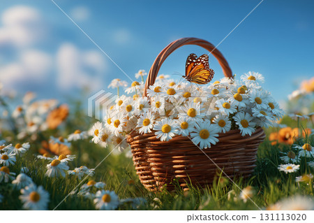 Spring meadow with a wicker basket overflowing with flowers and a monarch butterfly. 131113020