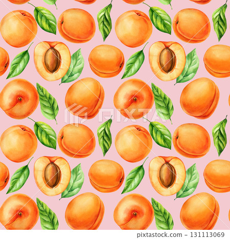 Apricots with seeds and green leaves watercolor seamless pattern Pink background. Fresh summer fruit healthy organic food design 131113069