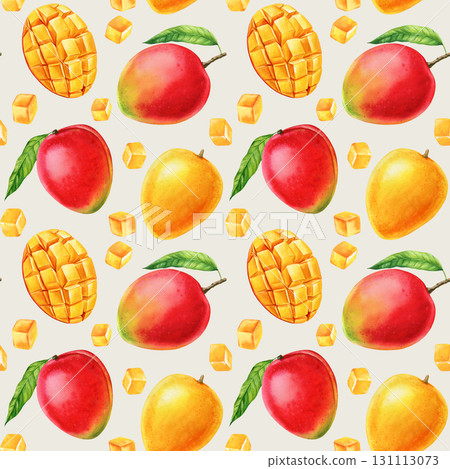 Ripe mango fruits with sliced cubes tropical watercolor seamless pattern fresh exotic summer fruit design Ripe mango fruits with sliced cubes tropical watercolor seamless pattern fresh exotic summer fruit design 131113073
