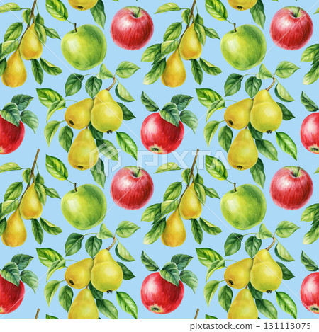Apples and pears with green leaves watercolor seamless pattern fresh garden fruits healthy food design, summer plants Apples and pears with green leaves watercolor seamless pattern fresh garden fruits healthy food design, summer plants 131113075