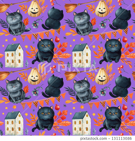 Black cats pumpkin lantern garland house and autumn leaves festive watercolor seamless pattern background 131113086
