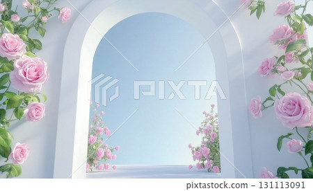 White archway wall and rose flower decoration with sky view 131113091