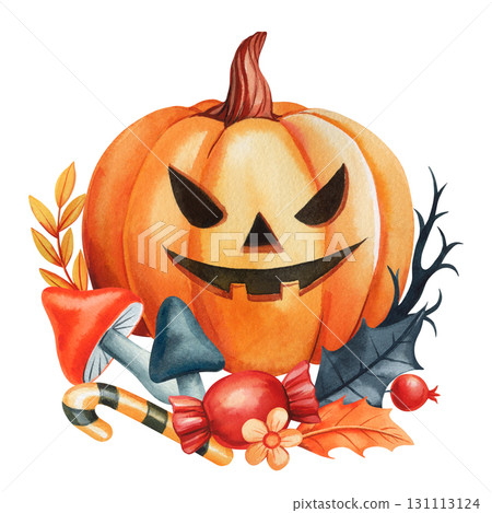 Cute pumpkin with mushrooms, candies, autumn leaves and spooky floral arrangement watercolor art for print, card design Cute pumpkin with mushrooms, candies, autumn leaves and spooky floral arrangement watercolor art for print, card design 131113124