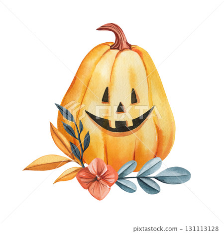 Pumpkin jack o lantern with smiling face and autumn floral arrangement watercolor illustration isolated on white background Pumpkin jack o lantern with smiling face and autumn floral arrangement watercolor illustration isolated on white background 131113128
