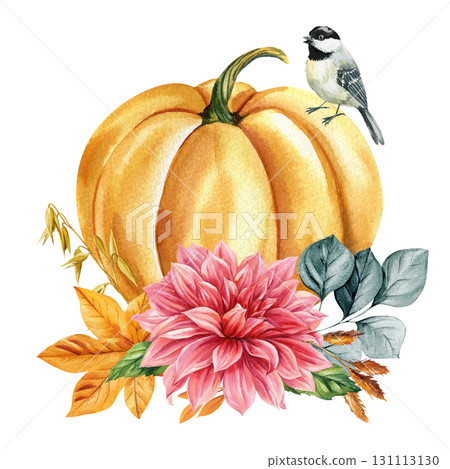 Pumpkin with chickadee bird autumn dahlia flower golden leaves and harvest branches watercolor fall seasonal illustration 131113130