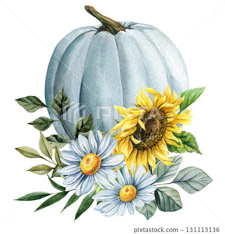 Blue pumpkin with sunflower daisies and green autumn leaves watercolor fall harvest seasonal floral illustration 131113136