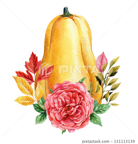 Yellow butternut pumpkin with red rose autumn leaves and seasonal foliage watercolor fall harvest floral illustration Yellow butternut pumpkin with red rose autumn leaves and seasonal foliage watercolor fall harvest floral illustration 131113139