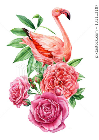 Pink flamingo with blooming roses and tropical green leaves watercolor exotic bird floral botanical illustration for floral design 131113187