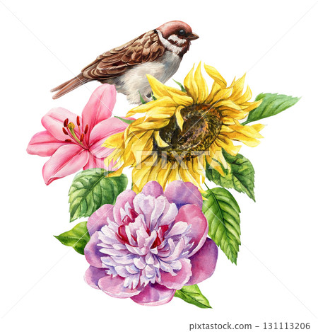 Sparrow bird with sunflower pink lily and peony watercolor floral illustration with garden leaves 131113206
