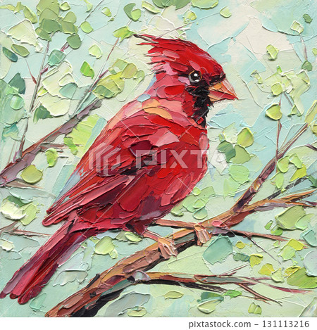 Red cardinal bird sitting on tree branch impasto acrylic painting with green leaves textured wildlife artwork 131113216