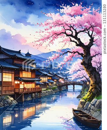 [AI 生成圖像] 插畫風格：春天夜晚盛開的絢麗櫻花 131113280