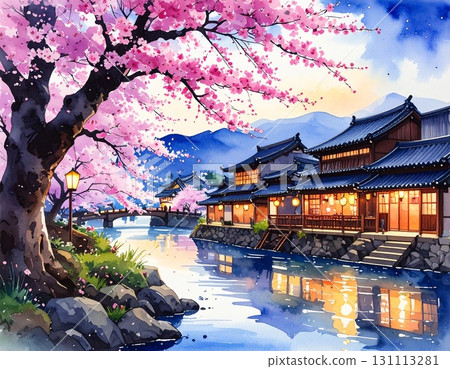 [AI 生成圖像] 插畫風格：春天夜晚盛開的絢麗櫻花 131113281