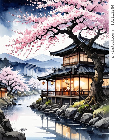 [AI-generated image] Illustrated style: Gorgeous cherry blossoms at night in full bloom in spring 131113284