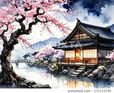 [AI-generated image] Illustrated style: Gorgeous cherry blossoms at night in full bloom in spring 131113285