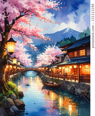 [AI 生成圖像] 插畫風格：春天夜晚盛開的絢麗櫻花 131113299