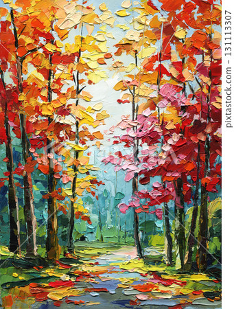 Autumn forest path impasto oil painting colorful red yellow orange trees textured palette knife artwork for seasonal wall decor Autumn forest path impasto oil painting colorful red yellow orange trees textured palette knife artwork for seasonal wall decor 131113307