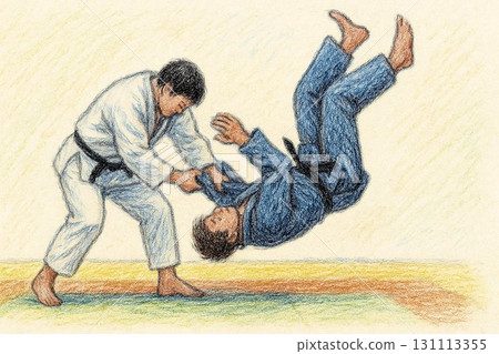 柔道比賽場景彩色鉛筆和蠟筆風格插圖 131113355