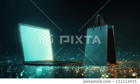 Futuristic Device with Blank Screen Beside Shopping Bag Display 131113435