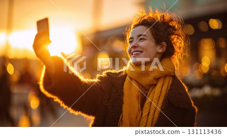 Young Woman Using Mobile Phone for Online Purchases at Sunset Young Woman Using Mobile Phone for Online Purchases at Sunset 131113436