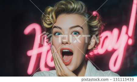 Joyful Blonde Woman in Pin-Up Style Celebrating with Excitement Joyful Blonde Woman in Pin-Up Style Celebrating with Excitement 131113439