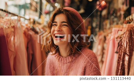 Joyful Female Shoppers Enjoying Trendy Fashion in Boutique Store 131113440