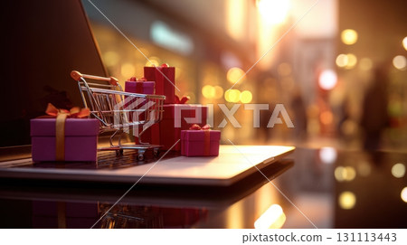 Online Shopping Concept with Laptop and Shopping Cart Surrounded by Gifts 131113443