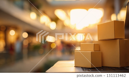 Cardboard Boxes on Laptop Trolley in Shopping Mall at Sunset 131113462
