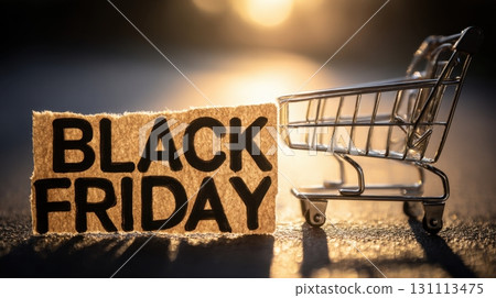 Black Friday Shopping Cart Next to Torn Paper Sign with Text Black Friday Shopping Cart Next to Torn Paper Sign with Text 131113475