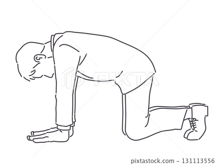 A man in a suit leaning on his knees and hands, bowing his head. Lines only. 131113556