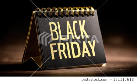 Black Friday Sale Calendar Concept with Gold Text on Black Background 131113618