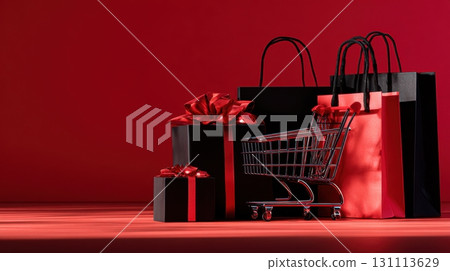 Vibrant Red Scene of Shopping Bags and Gifts for Black Friday Sale Vibrant Red Scene of Shopping Bags and Gifts for Black Friday Sale 131113629