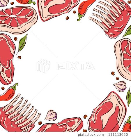 Illustration of assorted raw meat cuts with herb, pepper, garlic and spice arranged in a border on a white background in flat style. Illustration of assorted raw meat cuts with herb, pepper, garlic and spice arranged in a border on a white background in flat style. 131113630