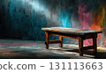 Wooden Table Against Black Wall in Dark Room with Vibrant Colors 131113663