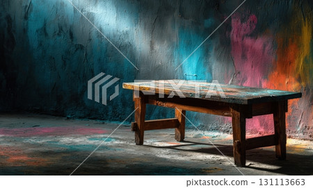 Wooden Table Against Black Wall in Dark Room with Vibrant Colors Wooden Table Against Black Wall in Dark Room with Vibrant Colors 131113663