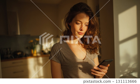 Young Adult Woman Shopping on Smartphone at Home in Natural Light Young Adult Woman Shopping on Smartphone at Home in Natural Light 131113666