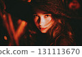 Young Woman in Witch Costume with Spooky Halloween Background 131113670