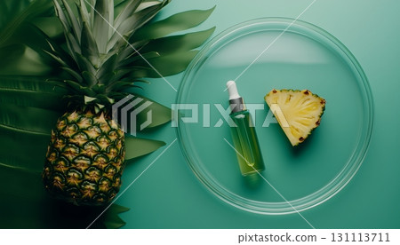 Fresh pineapple water extract on bottle liquid serum in glassware flat lay 131113711