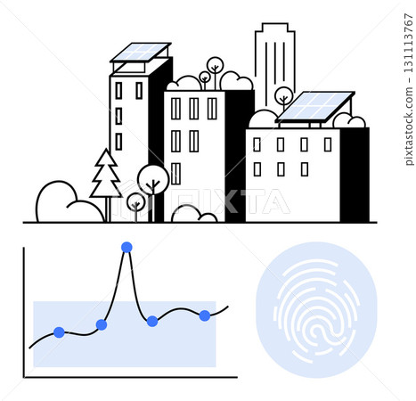 Urban skyline with solar panels graph circular pattern. Ideal for sustainability, technology, energy efficiency, smart cities, innovation, environment, data analysis. Line metaphor Urban skyline with solar panels graph circular pattern. Ideal for sustainability, technology, energy efficiency, smart cities, innovation, environment, data analysis. Line metaphor 131113767