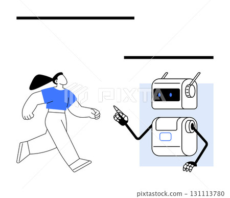 Human figure engaging with a robot. Ideal for themes such as technology, innovation, AI, robotics, future, collaboration, and digital transformation. Line metaphor Human figure engaging with a robot. Ideal for themes such as technology, innovation, AI, robotics, future, collaboration, and digital transformation. Line metaphor 131113780